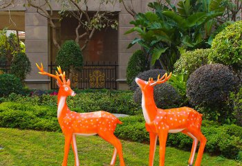 梅花鹿雕塑-公園景區兩只散步的玻璃鋼彩繪梅花鹿雕塑