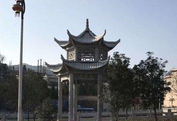 涼亭雕塑-村莊戶外景觀雙層鏤空仿古建涼亭休息座椅石雕