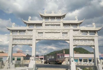 牌坊雕塑-村莊道路街邊三門(mén)五樓大理石牌坊石雕