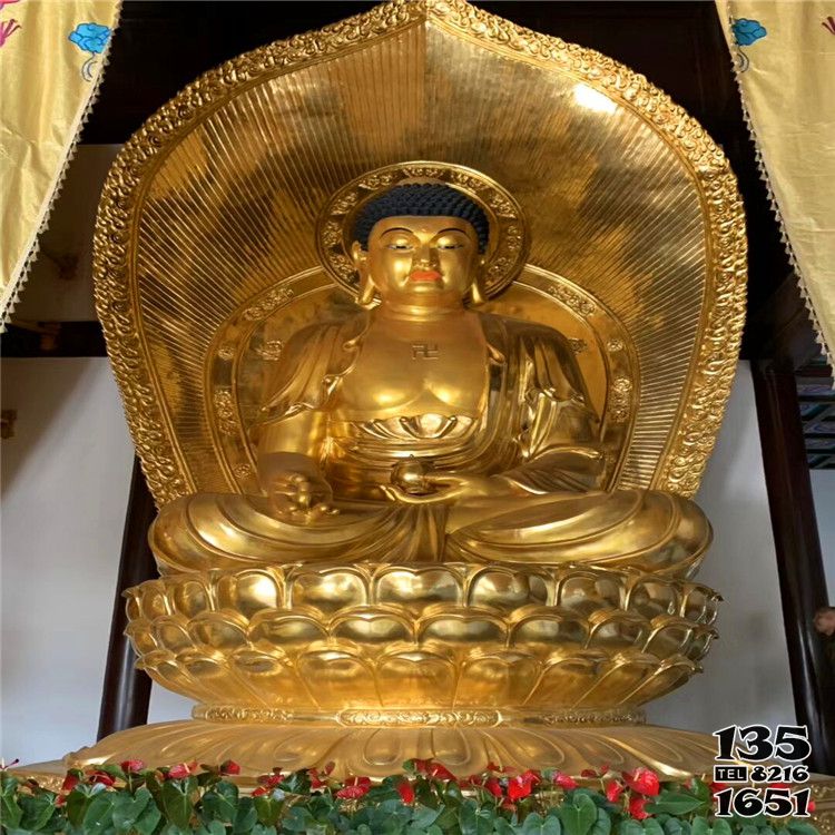 三寶佛雕塑-寺廟大型神佛不銹鋼噴金三寶寶雕塑高清圖片