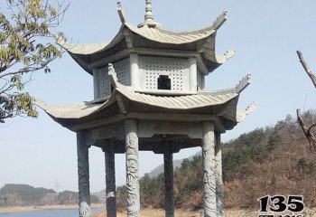 涼亭雕塑-湖邊景區(qū)擺放仿古建筑二層青石涼亭雕塑