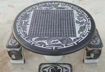 涼亭雕塑-公園擺放創意雕刻棋盤格圓桌方凳雕塑