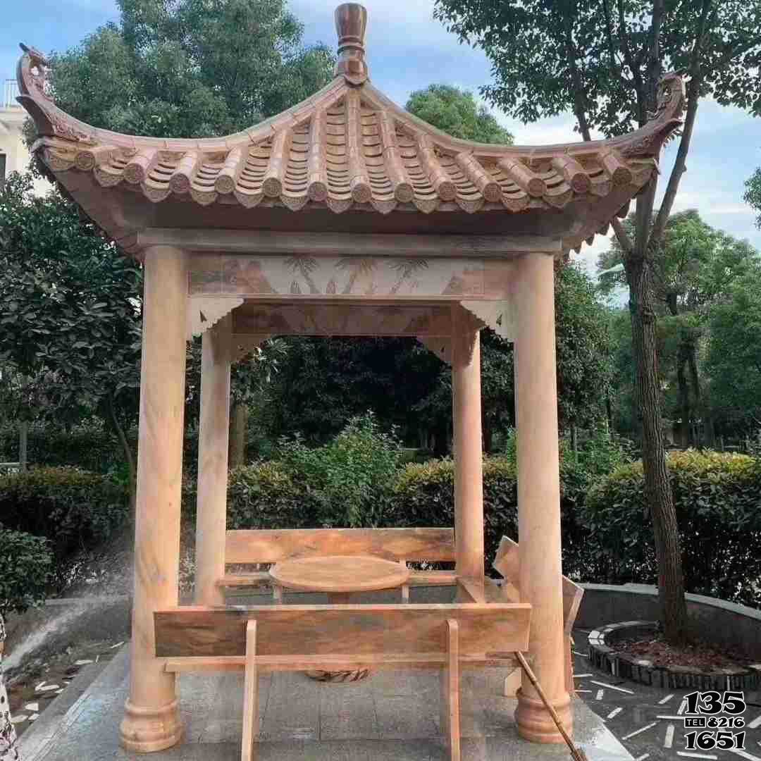 涼亭雕塑-公園休閑區(qū)擺放四角花崗巖座椅涼亭雕塑高清圖片