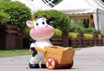 牛雕塑-動物園一只推車的玻璃鋼牛雕塑