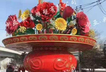 花籃雕塑-景區(qū)廣場玻璃鋼彩繪花朵花籃雕塑