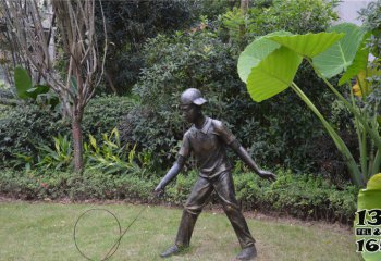 兒童雕塑-公園滾鐵環的小男孩人物銅雕兒童雕塑