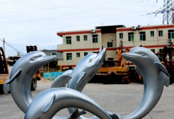 海豚雕塑-動物園四只姿態各異的不銹鋼海豚雕塑