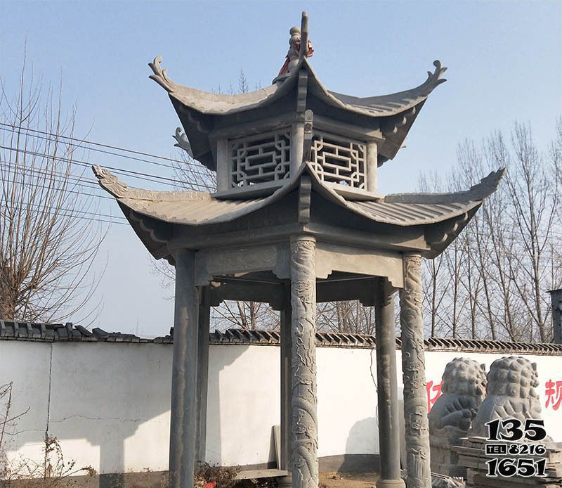 涼亭雕塑-景區(qū)寺廟青石仿古雕刻鏤空涼亭雕塑高清圖片